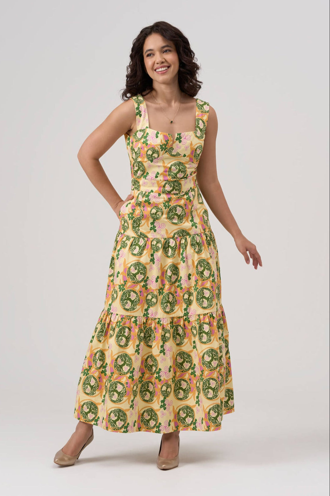 tiered cotton maxi dress Brigid’s Tree of Life Cotton Tiered Maxi Dress with Pockets L