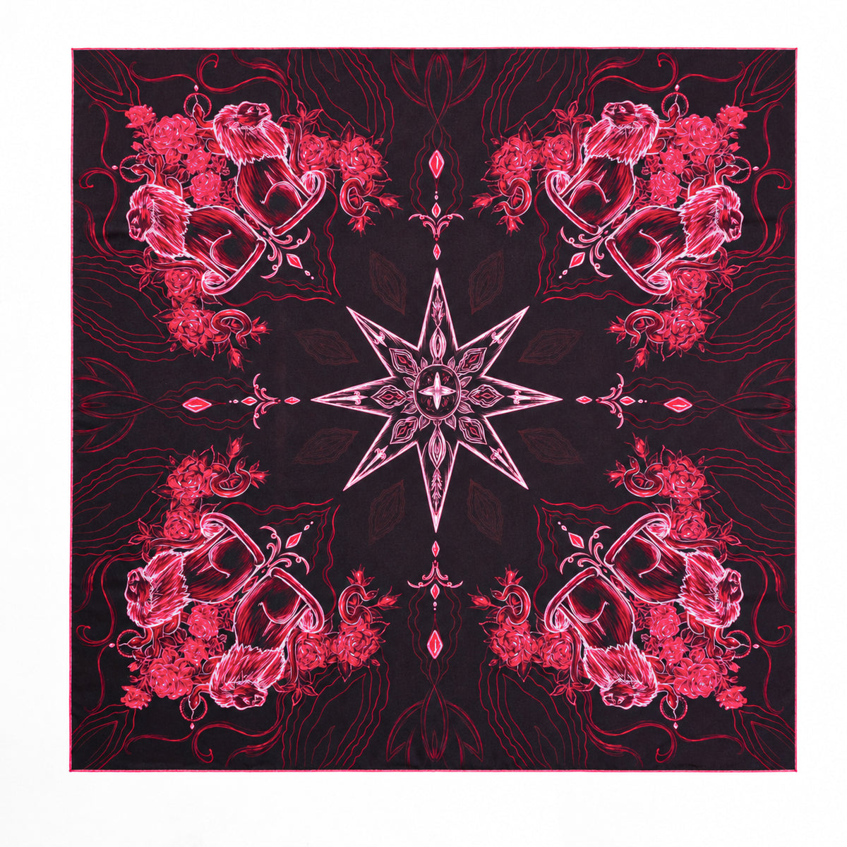 A square scarf or bandana featuring a symmetrical gothic floral design in vibrant pink and red on a black background, with a central eight-pointed star motif.